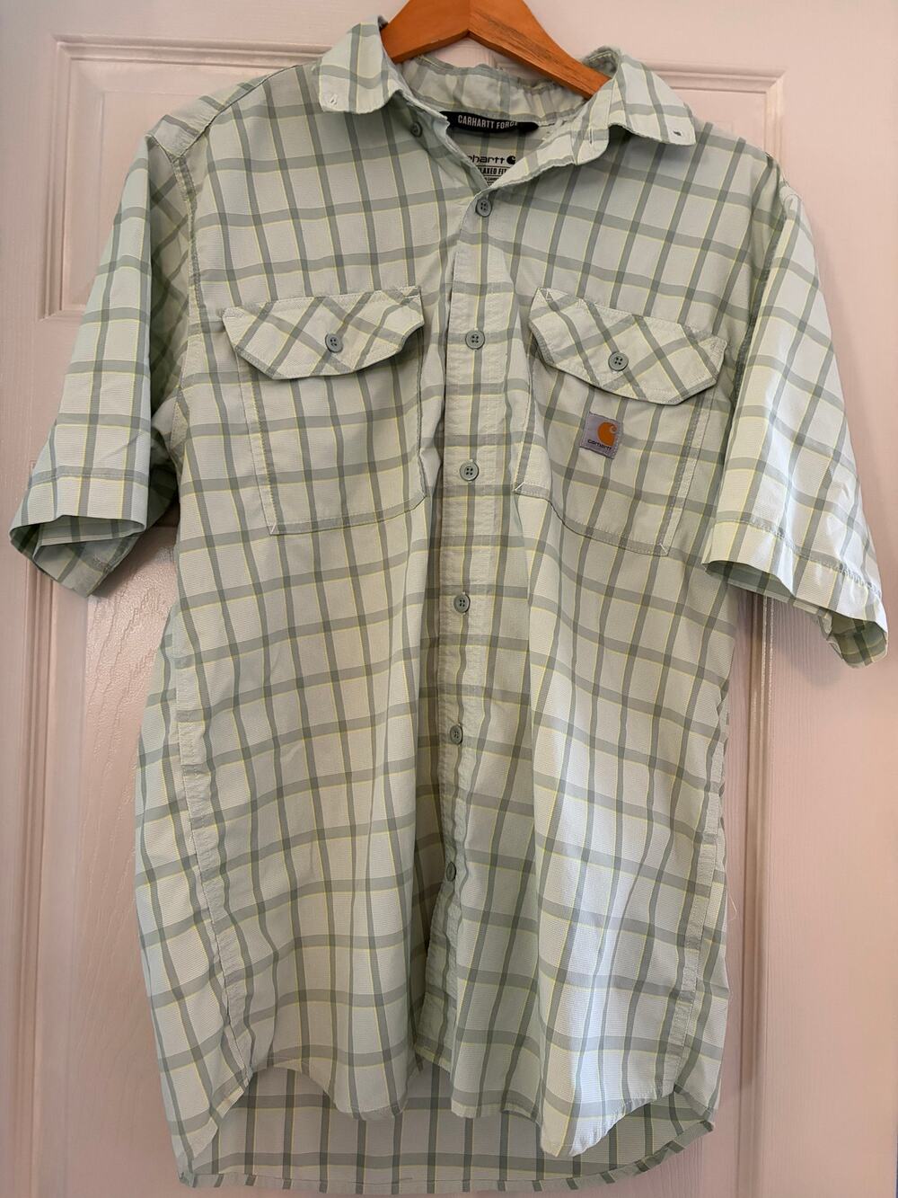 Carhartt Men M Force Plaid Short Sleeve Vent Back Button Shirt Green Gray Yellow